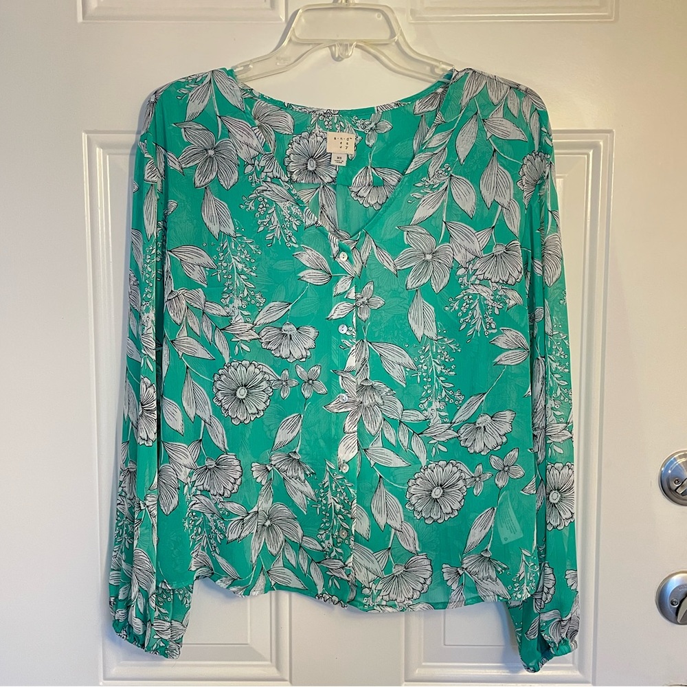 A New Day Mint Green Black White Floral Button Down Long Sleeve Top Size XS